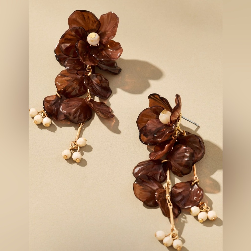 NWT Anthropologie Brown Floral Drop Earrings